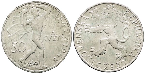 CECOSLOVACCHIA. 50 corone 1948 "3° anniversario rivolta di Praga". KM 25; Ag; 10gr