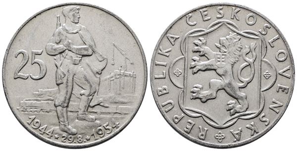 CECOSLOVACCHIA. 25 corone 1954 "10° anniversario insurrezione slovacca". KM 41; Ag; 16gr