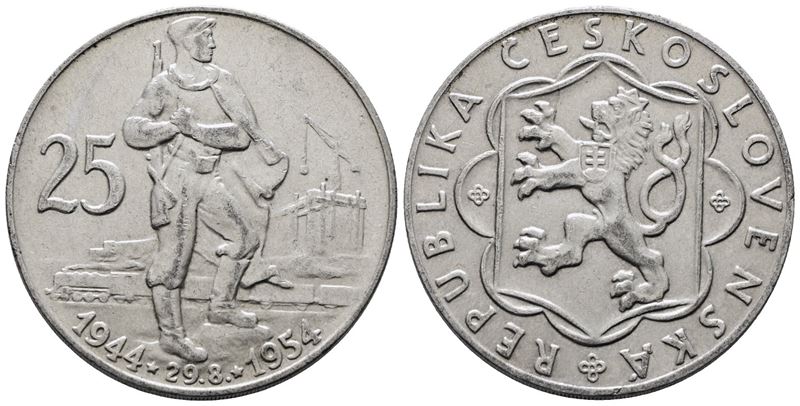 Cecoslovacchia. 25 Corone 1954 "10° Anniversario Insurrezione Slovacca". Km 41; Ag; 16gr