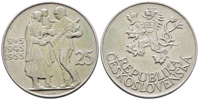 Cecoslovacchia. 25 Corone 1955 "10° Anniversario Liberazione dalla Germania". Km 43; Ag; 16gr