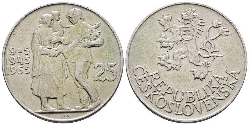 Cecoslovacchia. 25 Corone 1955 "10° Anniversario Liberazione dalla Germania". Km 43; Ag; 16gr