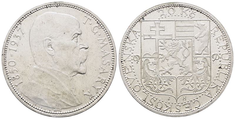 CECOSLOVACCHIA. 20 corone 1937 "Morte del presidente Masaryk". KM 18; Ag; 12gr. qFDC