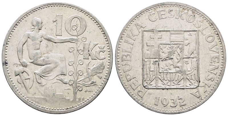 Cecoslovacchia. 10 Corone 1932. Km 15; Ag; 10gr