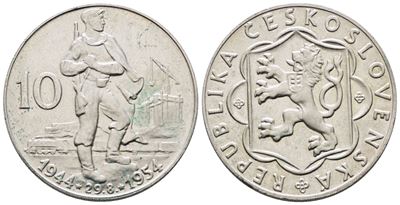 Cecoslovacchia. 10 Corone 1954 '10° Anniversario Insurrezione Slovacca'. Km 40; Ag; 12gr