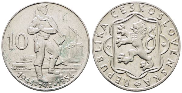 CECOSLOVACCHIA. 10 corone 1954 "10° anniversario insurrezione slovacca". KM 40; Ag; 12gr