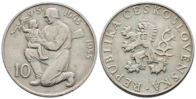 Cecoslovacchia. 10 Corone 1955 '10° Anniversario Liberazione dalla Germania'. Km 42; Ag; 12gr