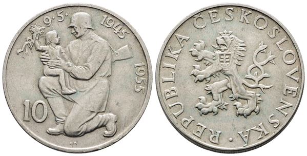 CECOSLOVACCHIA. 10 corone 1955 "10° anniversario liberazione dalla Germania". KM 42; Ag; 12gr