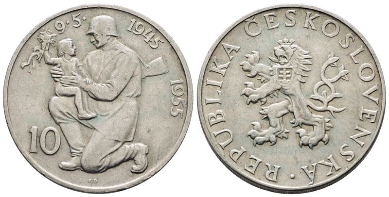 Cecoslovacchia. 10 Corone 1955 '10° Anniversario Liberazione dalla Germania'. Km 42; Ag; 12gr