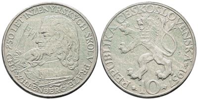 Cecoslovacchia. 10 Corone 1957 '250° Anniversario Università Tecnica di Praga'. Km 47; Ag; 12gr