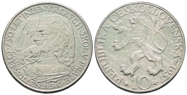 CECOSLOVACCHIA. 10 corone 1957 "250° anniversario università tecnica di Praga". KM 47; Ag; 12gr