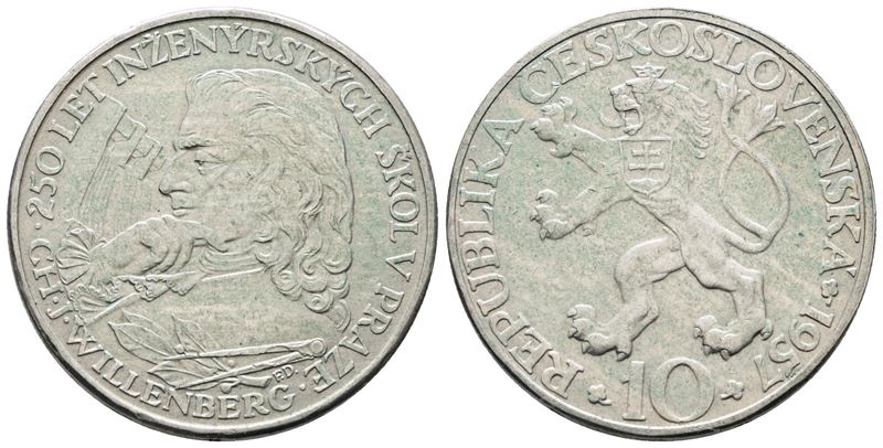 Cecoslovacchia. 10 Corone 1957 '250° Anniversario Università Tecnica di Praga'. Km 47; Ag; 12gr