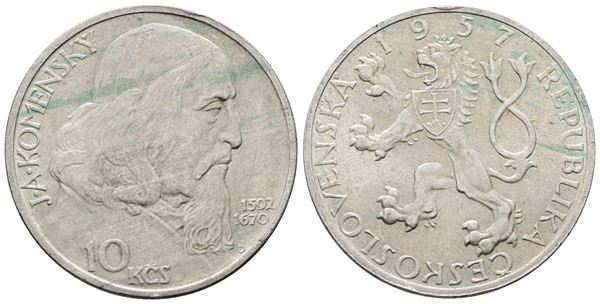 CECOSLOVACCHIA. 10 corone 1957 "Comenio". KM 48; Ag; 12gr