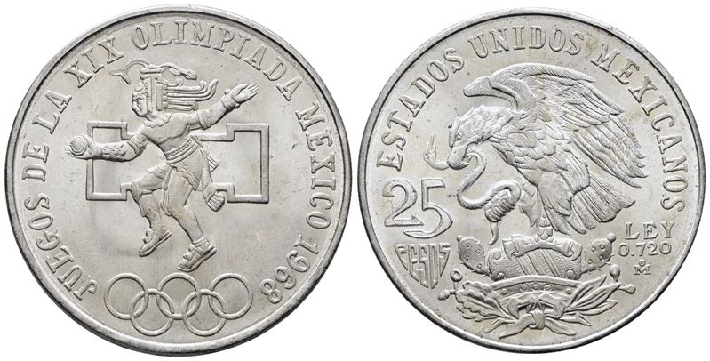 MESSICO. 25 pesos 1968 "Giochi olimpici Città del Messico". KM 479; Ag; 22,50gr