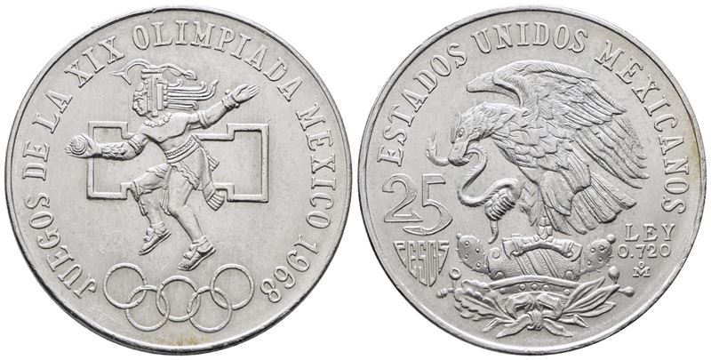 MESSICO. 25 pesos 1968 "Giochi olimpici Città del Messico". KM 479; Ag; 22,50gr