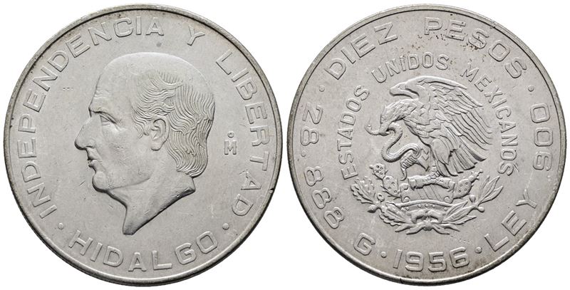 MESSICO. 10 pesos 1956. KM 474; Ag; 28,88gr