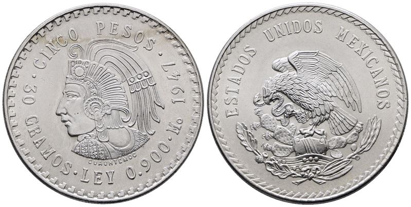 MESSICO. 5 pesos 1947 "Quauhtémoc". KM 465; Ag; 30gr