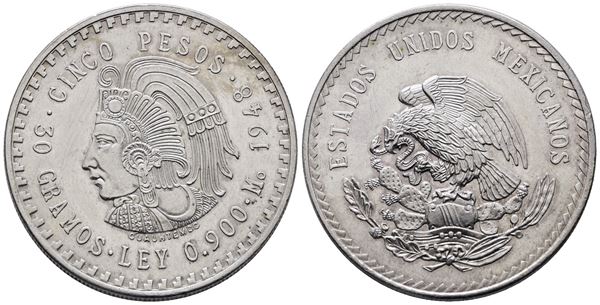 MESSICO. 5 pesos 1948 "Quauhtémoc". KM 465; Ag; 30gr