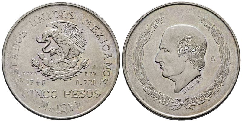 MESSICO. 5 pesos 1951. KM 467; Ag; 27,78gr