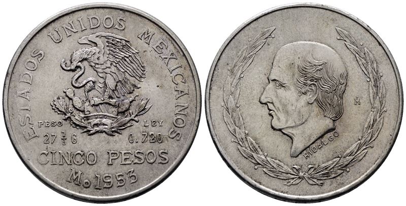 MESSICO. 5 pesos 1953. KM 467; Ag; 27,78gr