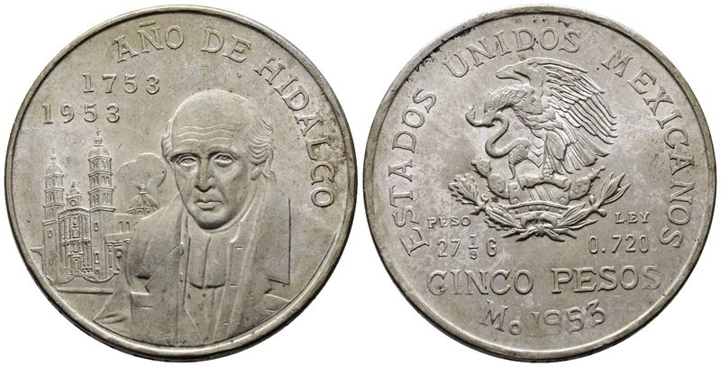 MESSICO. 5 pesos 1953 "200° anniversario nascita di Hidalgo". KM 468; Ag; 27,78gr