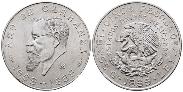 MESSICO. 5 pesos 1959 "centenario nascita di Venustiano Carranza". KM 471; Ag; 18,05gr