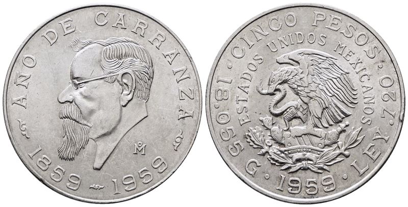 MESSICO. 5 pesos 1959 "centenario nascita di Venustiano Carranza". KM 471; Ag; 18,05gr
