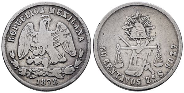 MESSICO. ZCATECAS. 50 centesimi 1878. km 407; Ag; 13,10gr  - Auction MODERN COINS, MEDALS, MINTING DIES AND MASONIC RARITIES - Bertolami Fine Art - Casa d'Aste
