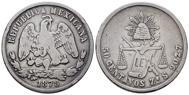 MESSICO. ZCATECAS. 50 centesimi 1878. km 407; Ag; 13,10gr