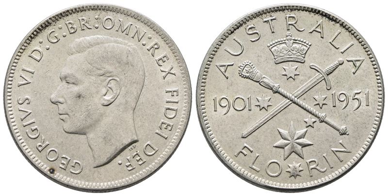 AUSTRALIA. Giorgio VI (1936-1952). 1 fiorino 1951 "50° anniversario federazione". KM 47; Ag; 11,3...