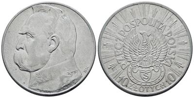 Polonia. 10 Zlotych 1934. Y 29; Ag; 22gr