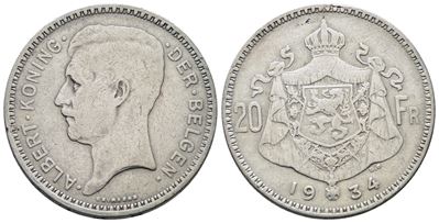 Belgio. Alberto (1910-1934). 20 Franchi 1934. Km 104; Ag; 11gr