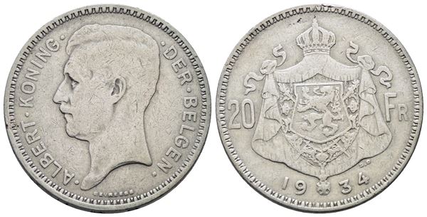BELGIO. Alberto (1910-1934). 20 franchi 1934. KM 104; Ag; 11gr