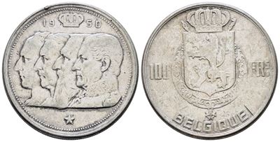 Belgio. Baldovino (1948-1993). 100 Franchi 1950. Km 138; Ag; 18gr