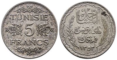 Tunisia. 5 Franchi 1353 (1934). Km 261; Ag; 5gr