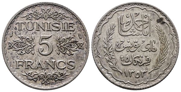 TUNISIA. 5 franchi 1353 (1934). KM 261; Ag; 5gr