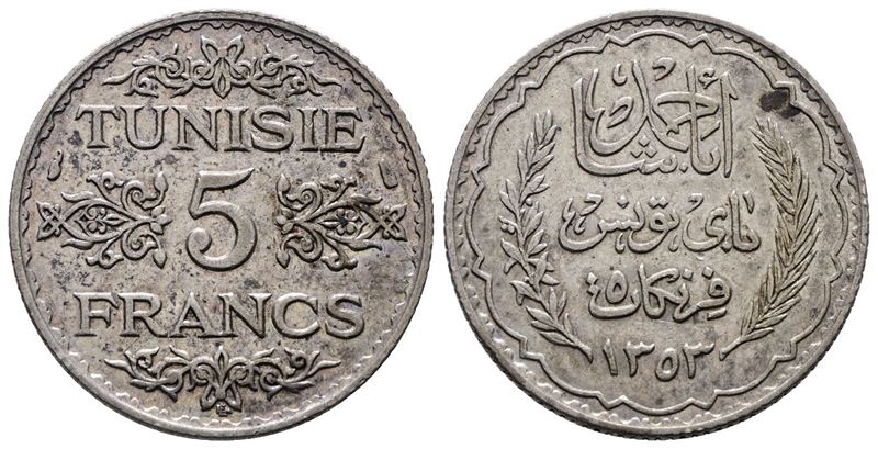 Tunisia. 5 Franchi 1353 (1934). Km 261; Ag; 5gr