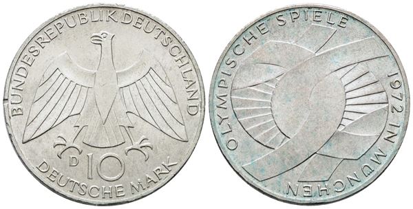 GERMANIA. 10 marchi 1972 D "Giochi olimpici Monaco". KM 131; Ag; 15,5gr