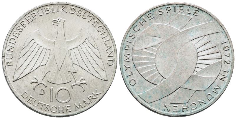 GERMANIA. 10 marchi 1972 D "Giochi olimpici Monaco". KM 131; Ag; 15,5gr qFDC