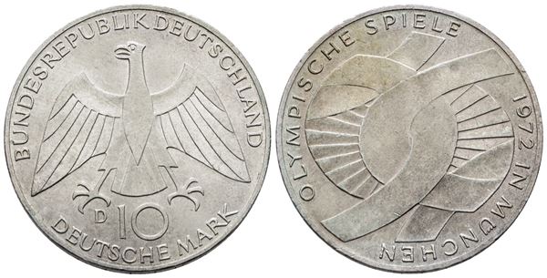 GERMANIA. 10 marchi 1972 D "Giochi olimpici Monaco". KM 131; Ag; 15,5gr