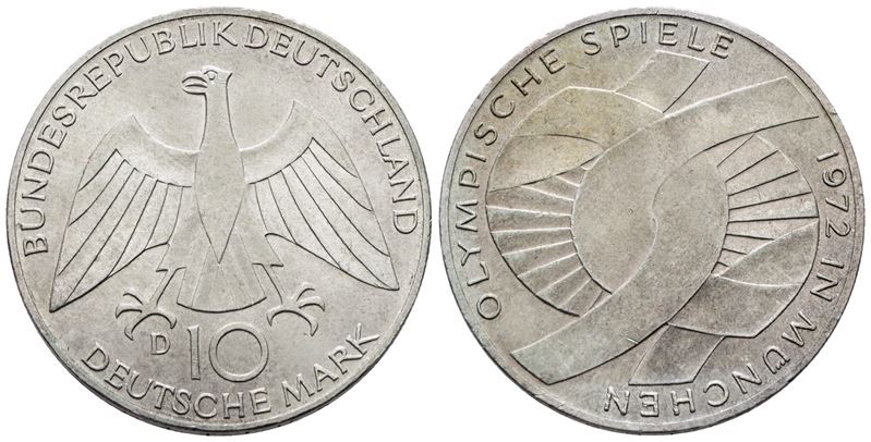 GERMANIA. 10 marchi 1972 D "Giochi olimpici Monaco". KM 131; Ag; 15,5gr qFDC