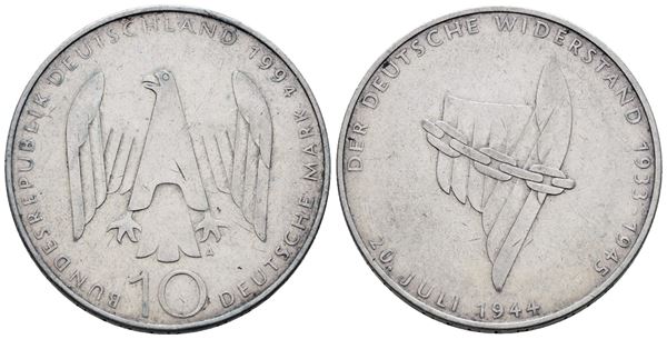 GERMANIA. 10 marchi 1994 "50°anniversario attentato a Hitler". KM 182; Ag; 15,5gr
