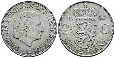 Olanda. Giuliana (1949-1980). 2,5 Gulden 1959. Km 185; Ag; 15gr
