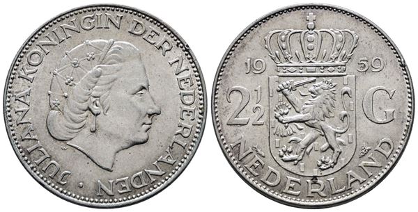 OLANDA. Giuliana (1949-1980). 2,5 gulden 1959. KM 185; Ag; 15gr