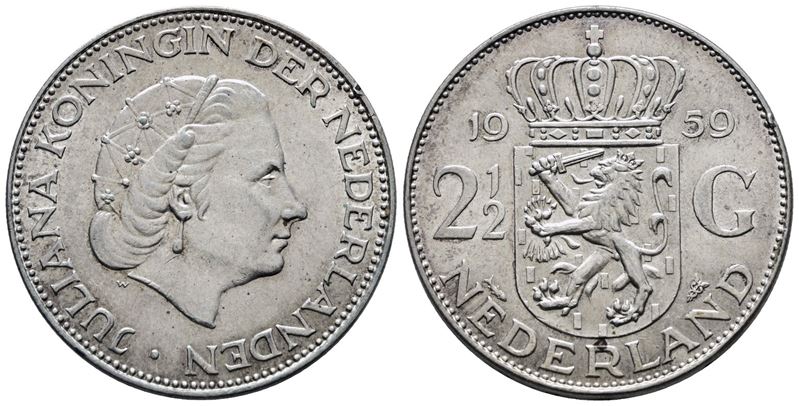 Olanda. Giuliana (1949-1980). 2,5 Gulden 1959. Km 185; Ag; 15gr