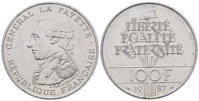 Francia. 100 Franchi 1987 "la Fayette". Km 962; Ag; 15gr