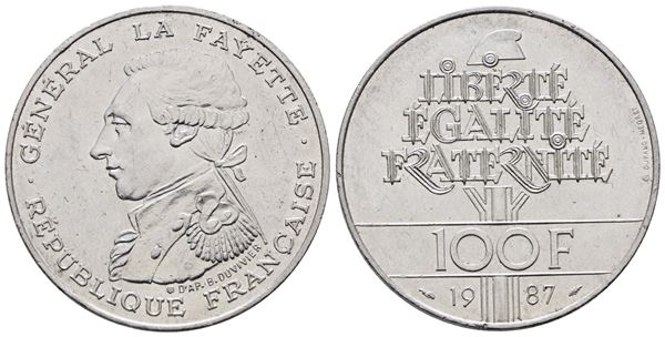 FRANCIA. 100 franchi 1987 "La Fayette". KM 962; Ag; 15gr