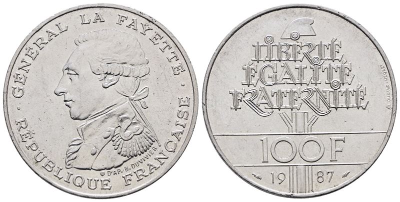 Francia. 100 Franchi 1987 "la Fayette". Km 962; Ag; 15gr