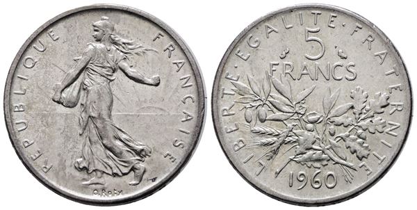 FRANCIA. 5 franchi 1960. KM 926; Ag; 12gr