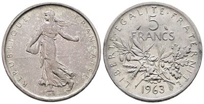 Francia. 5 Franchi 1963. Km 926; Ag; 12gr