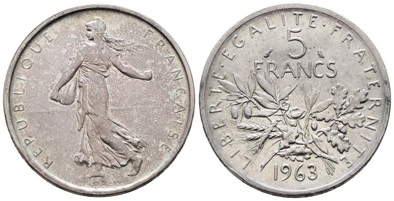 Francia. 5 Franchi 1963. Km 926; Ag; 12gr